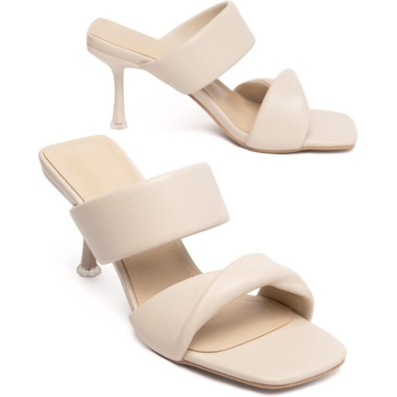 Zelaprox Women's White Faux Leather Two Straps Square Open Toe Kitten Heel Shoes - Picture 2 of 6